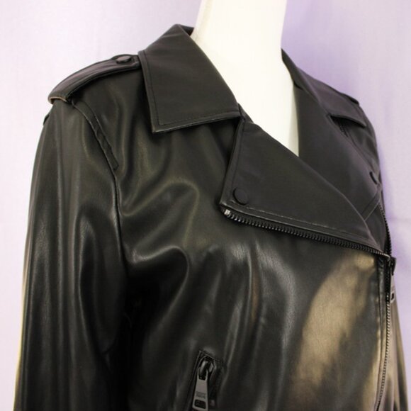 NEW DKNY Black Faux Leather Moto Jacket – Belted Waist, Asymmetrical Zip Size M - Picture 4 of 16